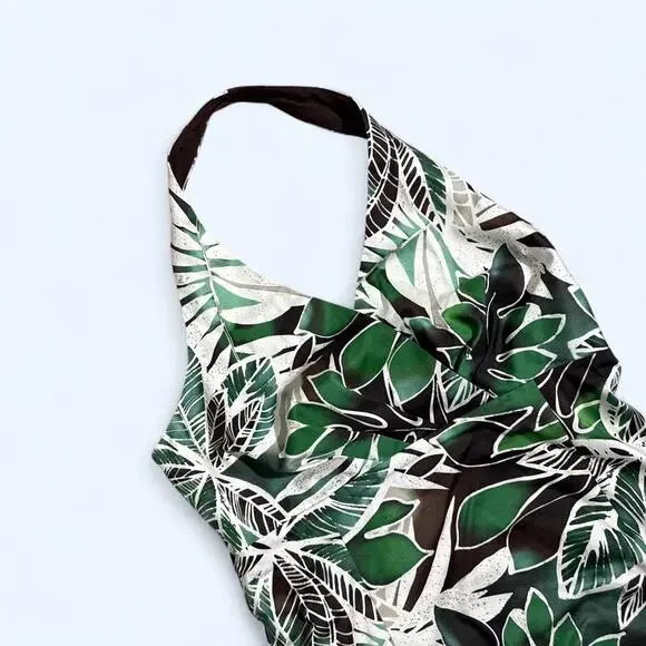 Tropical Leaf Halter Dress | Green White Black | Size M | Jones New York - Picture 3 of 7